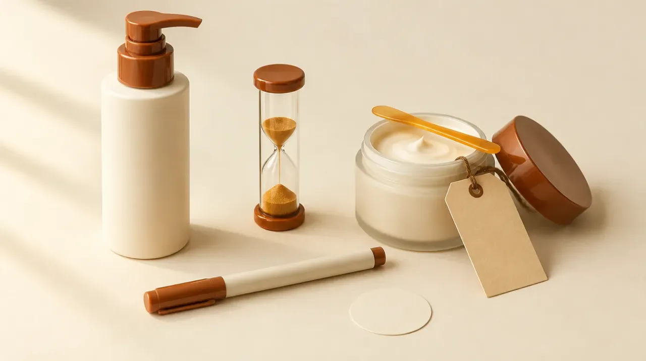 A large pump bottle and a small open jar of cream beside a sand timer, a marker and a blank sticker.