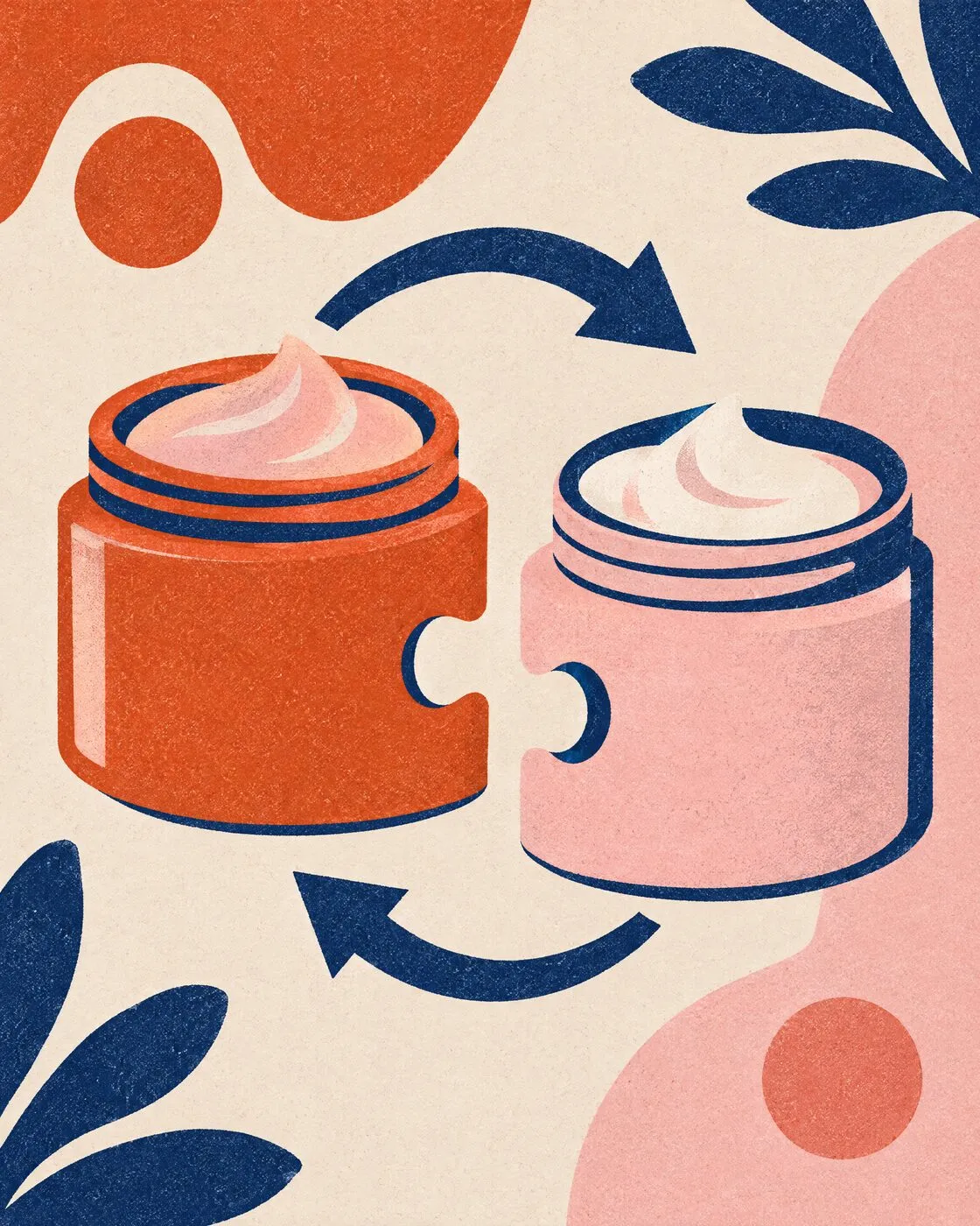 Flat illustration of two cream jars that fit together like puzzle pieces, with arrows swapping one for the other